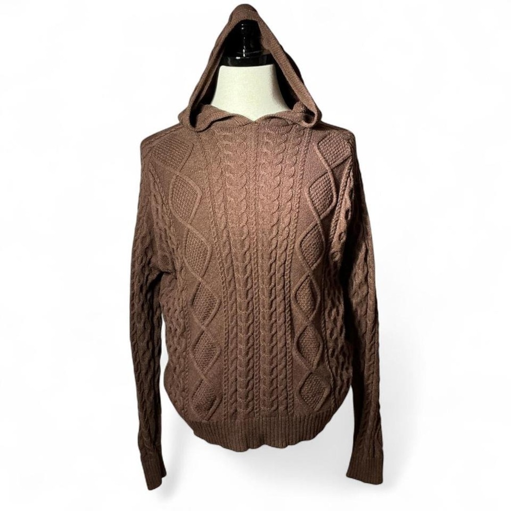 Edikted Coquette Cable Knit Hoodie Womens M Brown Sweater Long Sleeve Hooded